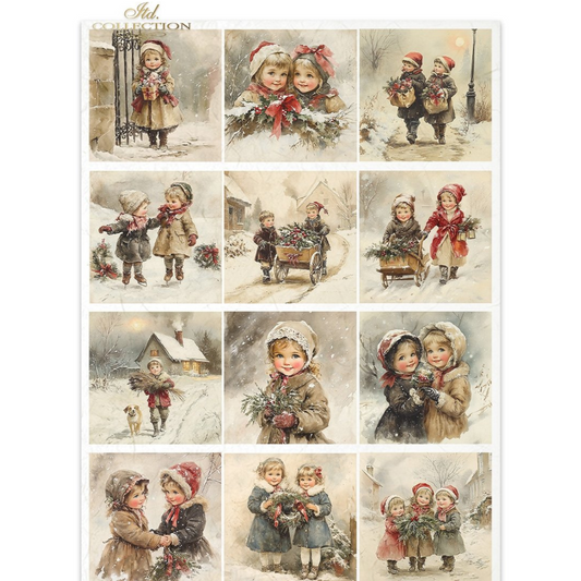 Collection of 12 vintage-style illustrations of children in winter scenes.