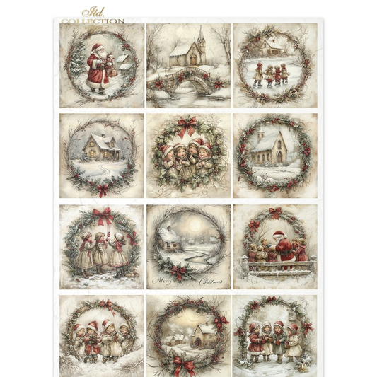 Collection of 12 Christmas-themed illustrations featuring snowy landscapes, houses, and child carolers in festive attire in wreath frames.