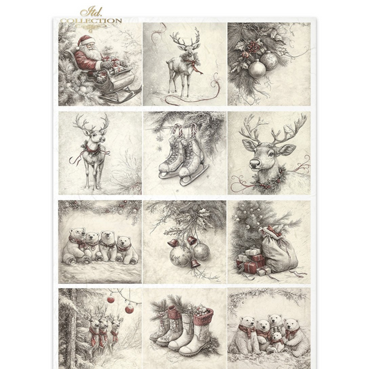 Collection of 12 Christmas-themed illustrations featuring Santa Claus, reindeer, ice skates and winter scenes.