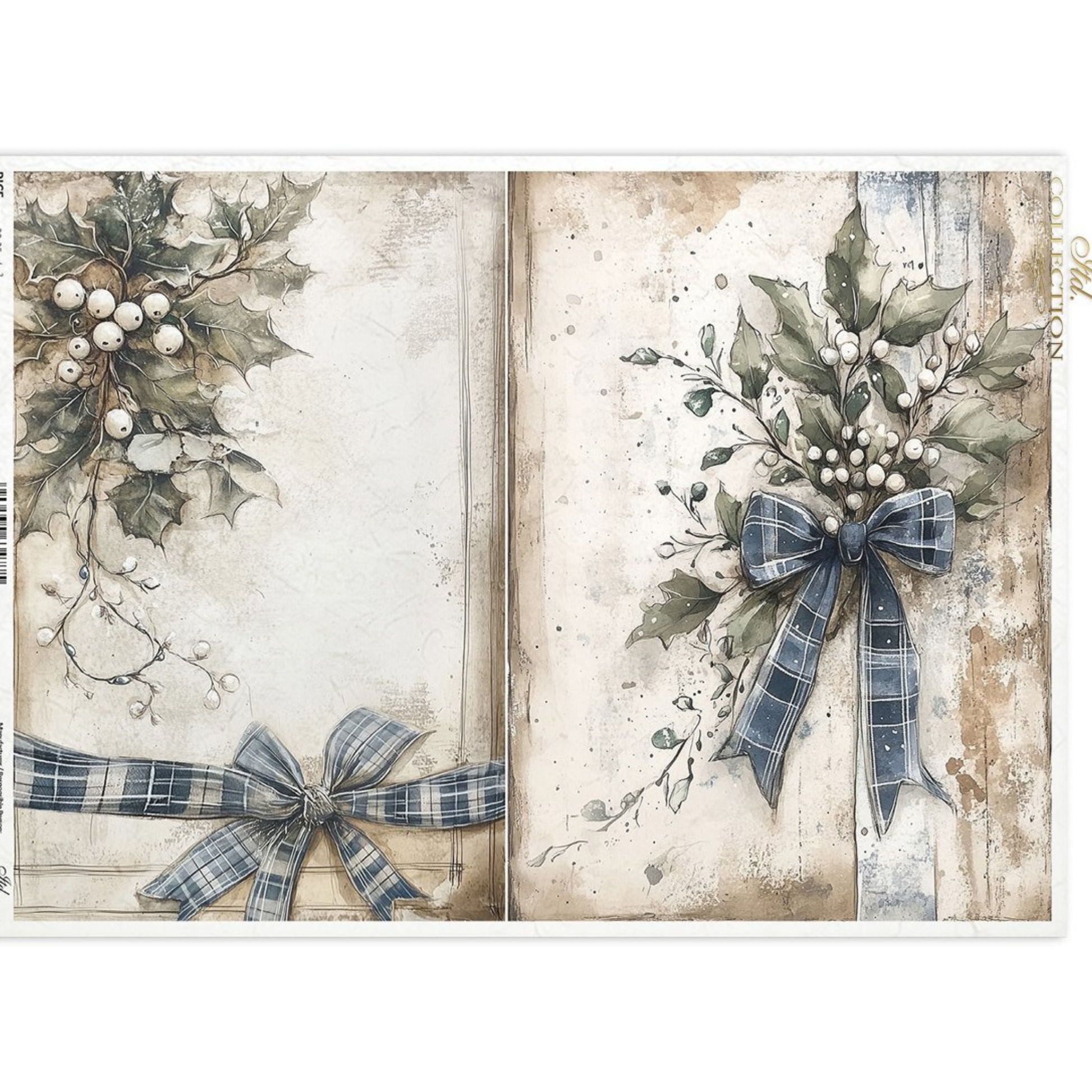 Two decorative panels with plaid bows and greenery on a textured background