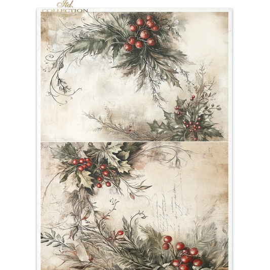 Decorative paper  greenery, mistletoe and berries on a parchment textured background.