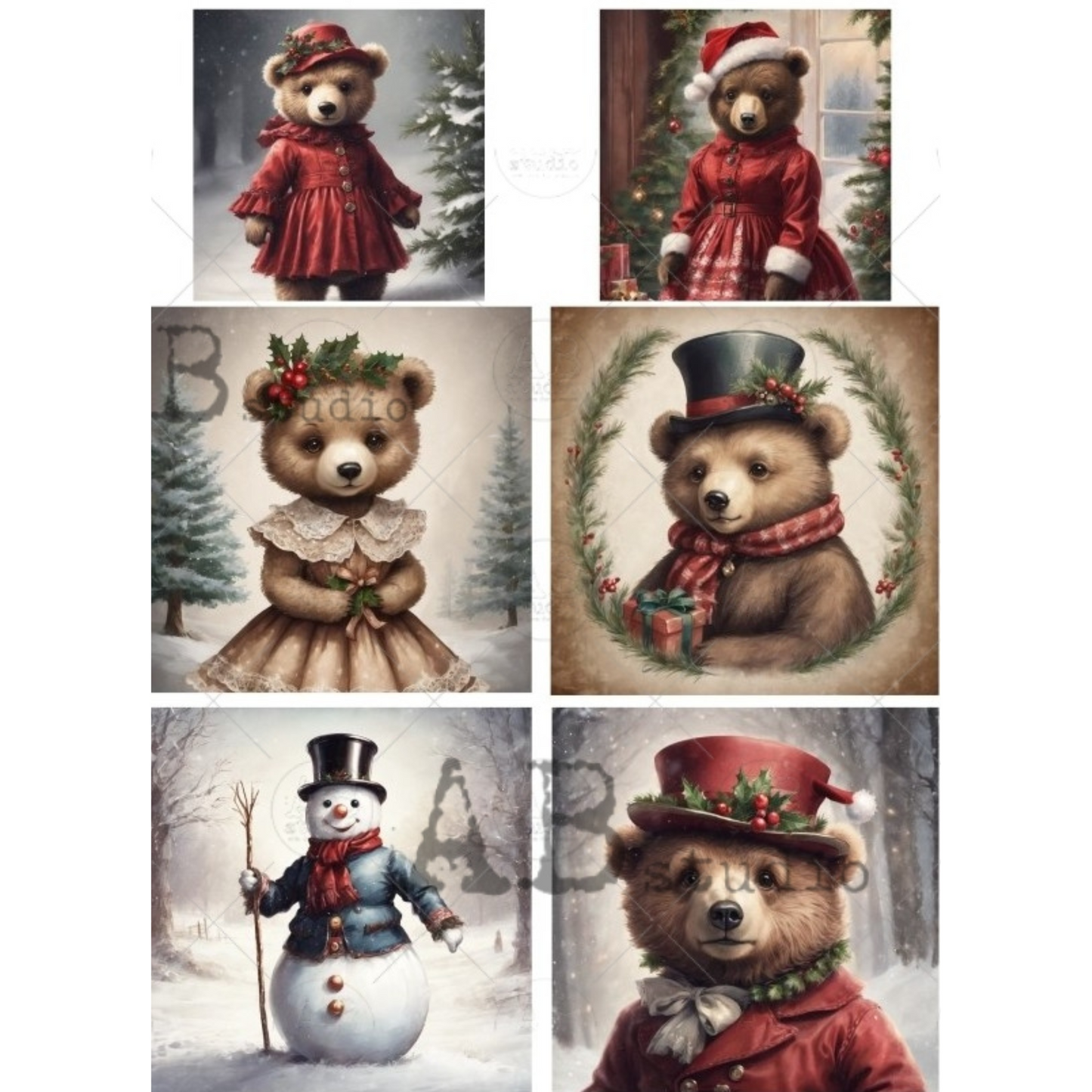 Set of Christmas-themed bear illustrations in various outfits and poses.