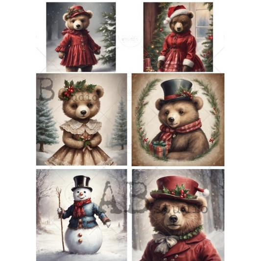 Set of Christmas-themed bear illustrations in various outfits and poses.