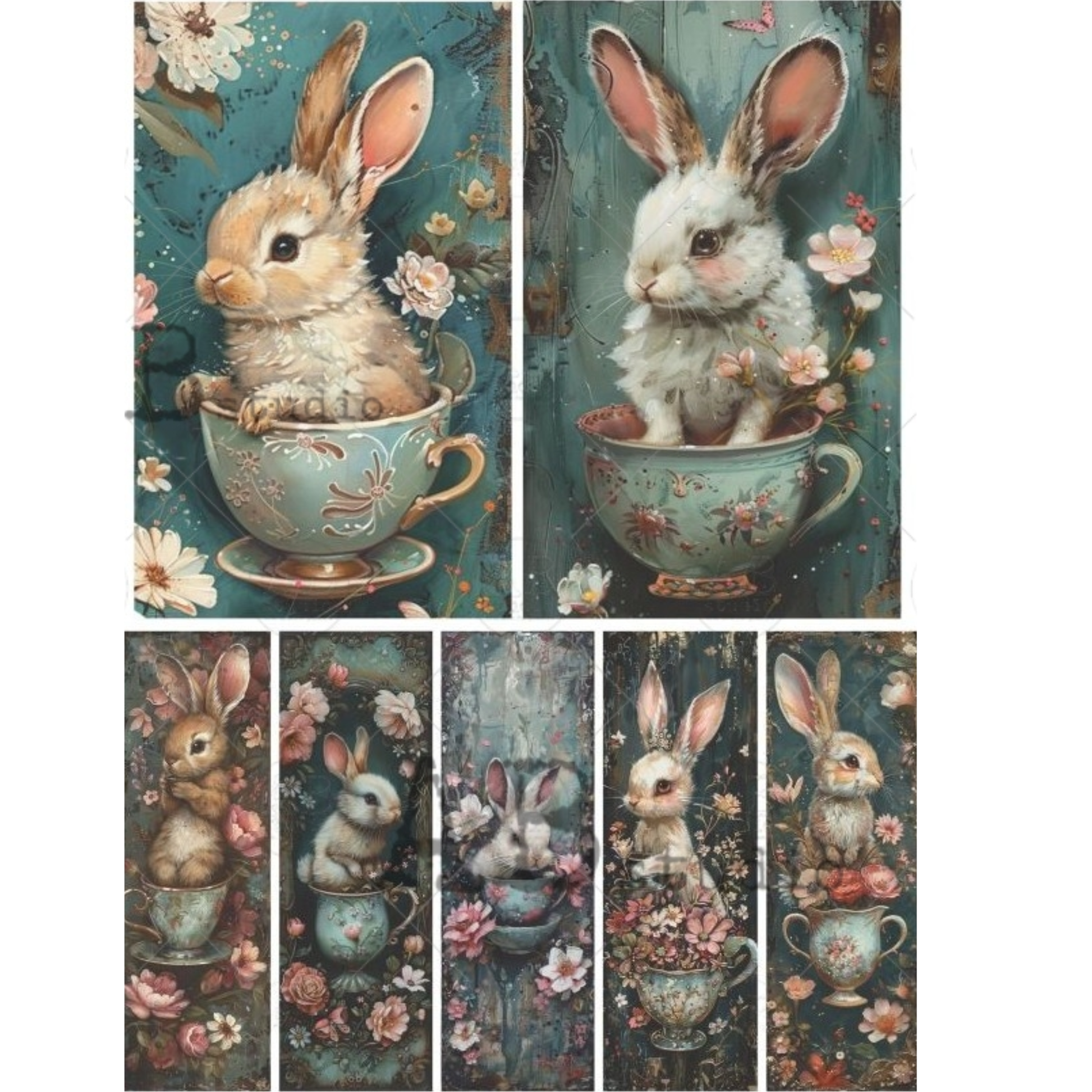 Set of illustrations featuring rabbits in teacups with floral decorations on a teal background.