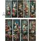 Set of nine vertical panels featuring rabbits in teacups with floral decorations.
