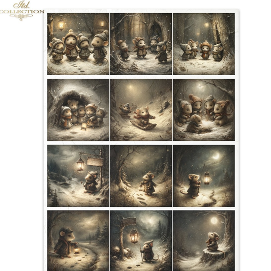 Collection of  twelve illustrations featuring mice in a snowy landscape with lanterns.
