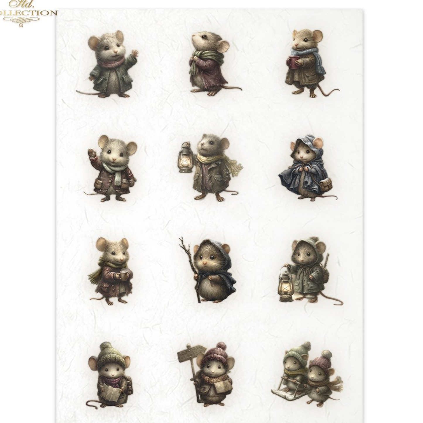 Collection of twelve illustrations of mice in various poses and outfits on a white background.