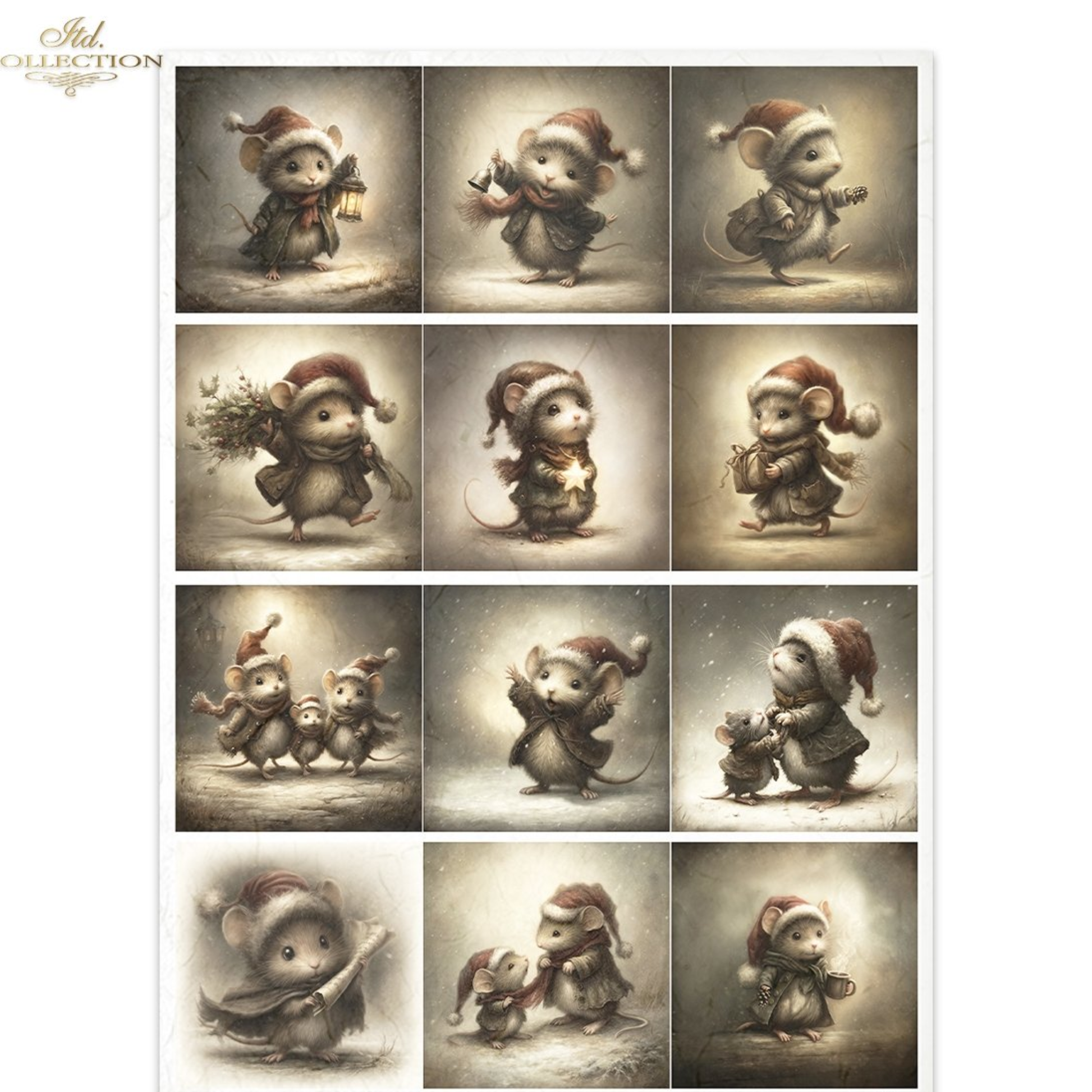 Collection of twelve illustrations featuring a mouse in a Santa hat in various poses.