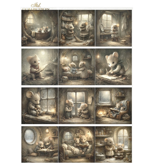 Illustrations of mice in various home settings with a warm, vintage feel.
