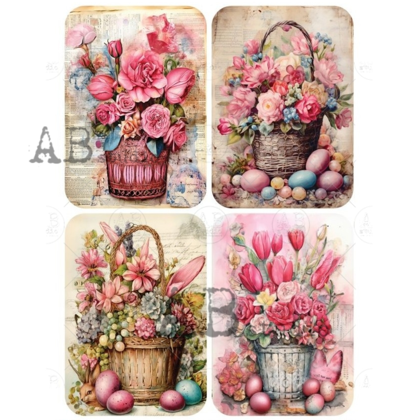 Four decorative images featuring floral arrangements and Easter eggs on a textured background.
