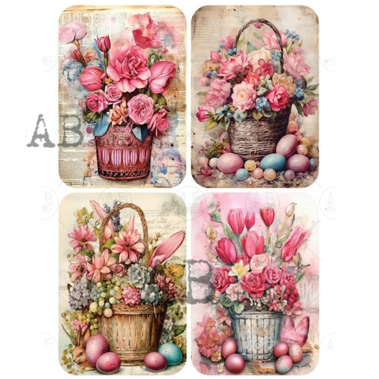 Four decorative images featuring floral arrangements and Easter eggs on a textured background.