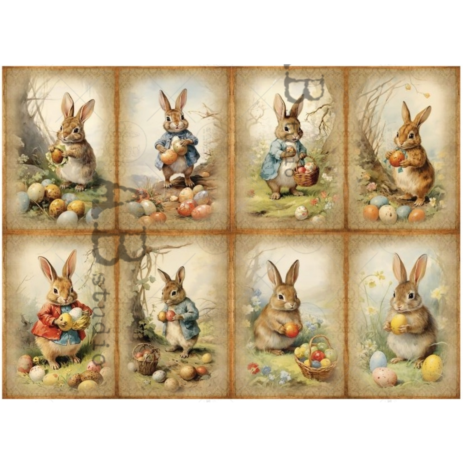 Set of nine vintage-style illustrations of rabbits with Easter eggs and baskets.