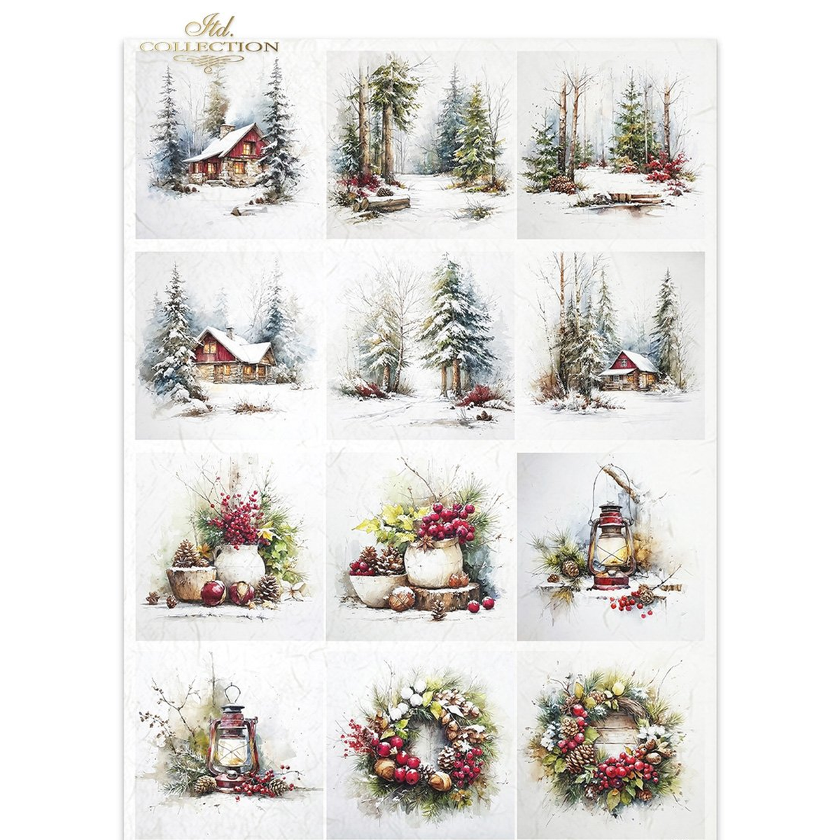 Twelve mini scenes of winter cabins in the snow plus lanterns and wreaths.