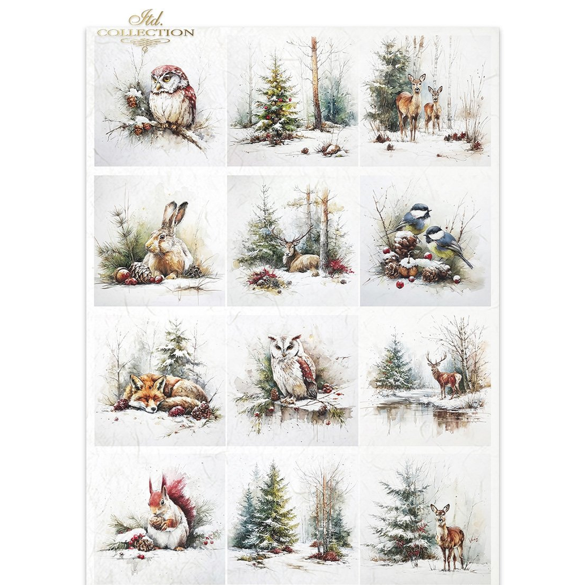 Twelve unique mini images of various winter animals in the snow.