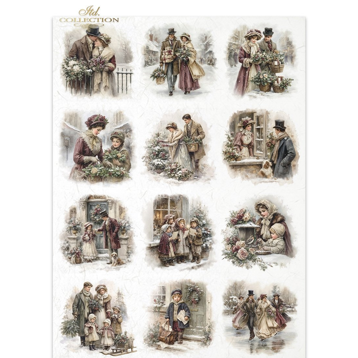 vintage-style illustrated image featuring multiple winter scenes with people in victorian clothing, flowers, and snowy outdoor settings.