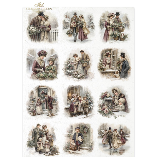 vintage-style illustrated image featuring multiple winter scenes with people in victorian clothing, flowers, and snowy outdoor settings.