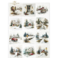 A sheet of decorative paper featuring twelve winter village illustrations. The scenes show snow-covered houses, trees, a mailbox, a red pickup truck, a red barn, and warm streetlights in soft watercolor-style artwork.