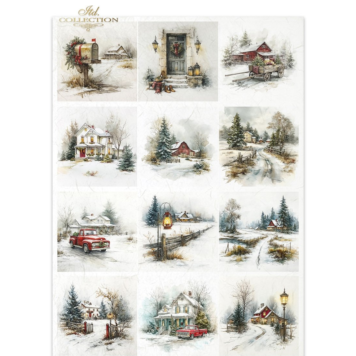 A sheet of decorative paper featuring twelve winter village illustrations. The scenes show snow-covered houses, trees, a mailbox, a red pickup truck, a red barn, and warm streetlights in soft watercolor-style artwork.