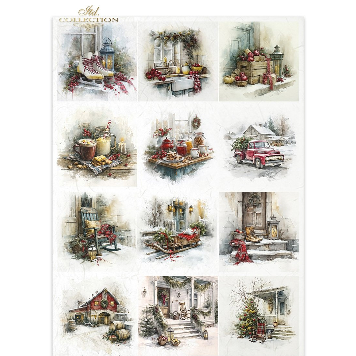 Twelve images with holiday farmhouse scenes, including a red truck, snow covered  porch with rocking chair, ice skates and a table with hot chocolate and cakes.