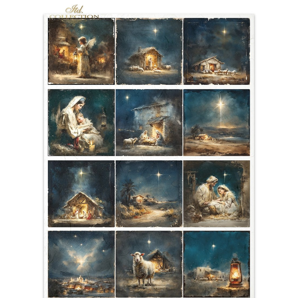 A sheet of 12 Christmas images featuring  warm, rustic nativity scenes under a starry night sky. The designs include the Holy Family, wise men, shepherds, an angel, a lamb, and a glowing lantern.