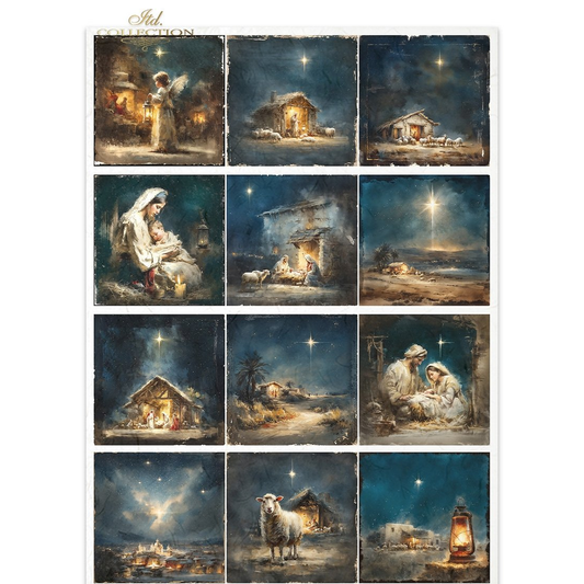 A sheet of 12 Christmas images featuring  warm, rustic nativity scenes under a starry night sky. The designs include the Holy Family, wise men, shepherds, an angel, a lamb, and a glowing lantern.