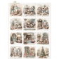Twelve tag-sized images depicting vintage christmas scenes with pink flowers and cottages, bakeshop windows and sweet treats.