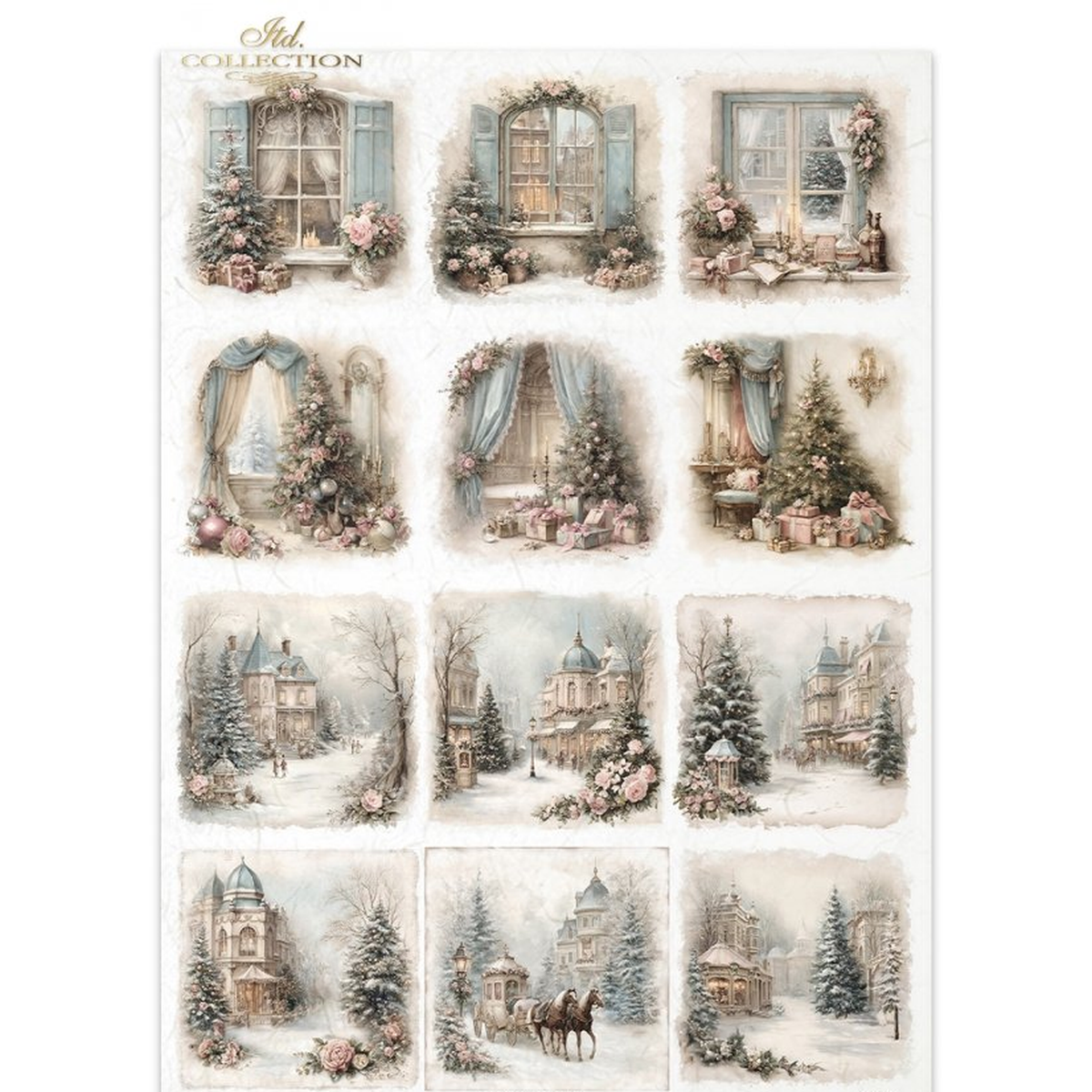 Twelve tag sized images of elegant windows decorated for Christmas as well as outdoor holiday village scenes.