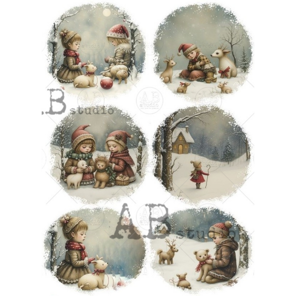 Six circular winter-themed illustrations featuring children in red hats and scarves playing with small animals in snowy scenes.