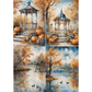 A four-panel watercolor-style autumn landscape collage featuring gazebos with pumpkins, trees with orange foliage, and ducks on reflective water.