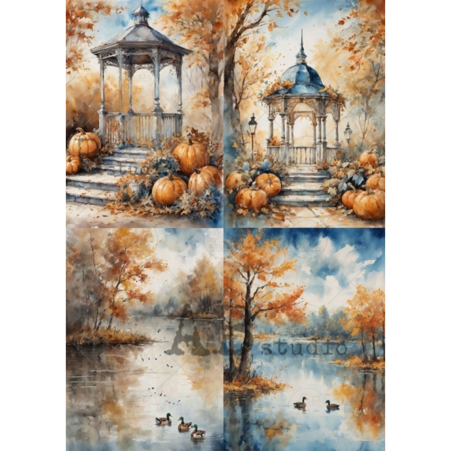 A four-panel watercolor-style autumn landscape collage featuring gazebos with pumpkins, trees with orange foliage, and ducks on reflective water.