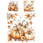 A set of autumn-themed illustrated orange pumpkins, acorns, and maple leaves on a white background.