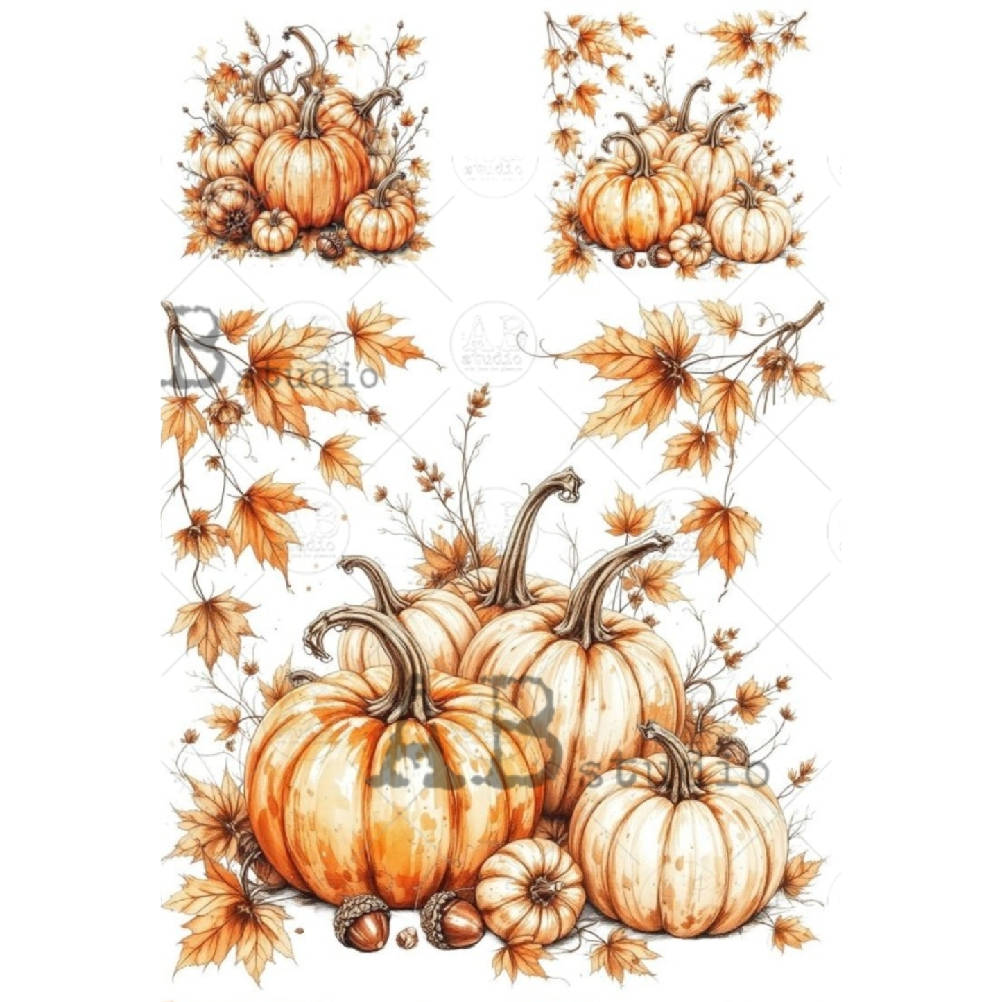 A set of autumn-themed illustrated orange pumpkins, acorns, and maple leaves on a white background.