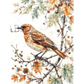 A detailed illustration of a brown and orange bird perched on a branch with autumn leaves and small pinecones, set against a plain light background.