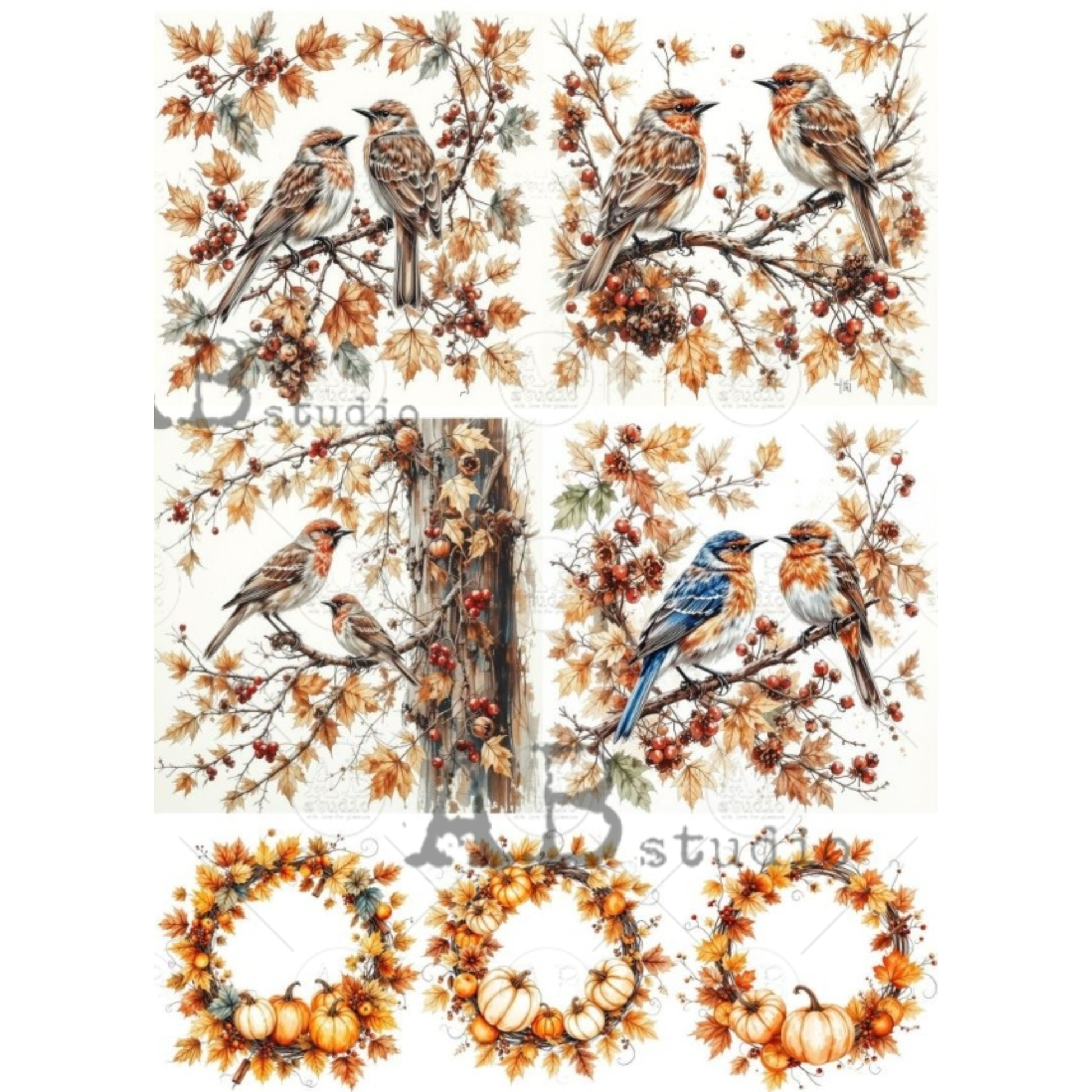 Autumn-themed images featuring four pairs of birds perched on branches with orange and brown leaves, plus three circular pumpkin wreaths at the bottom. 