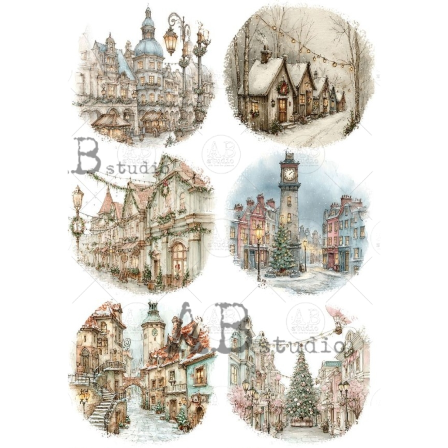 A collage of six circular watercolor-style winter village illustrations with snowy streets, old buildings, Christmas trees, and warm window lights on a white background.