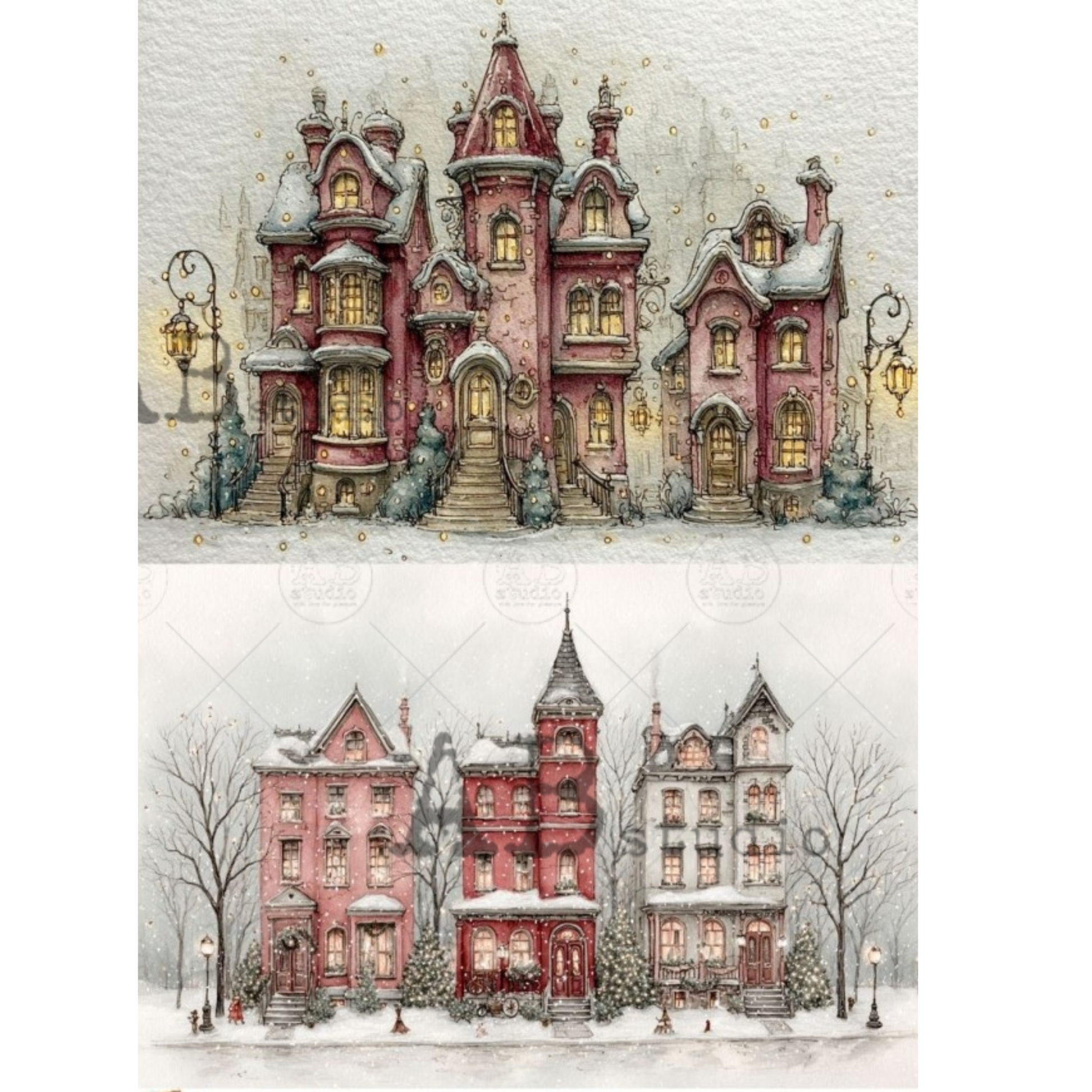 A two-panel watercolor illustration of a whimsical old Victorian-style house in a snowy winter scene, shown above and three town houses below.