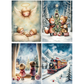 A 4-panel Christmas-themed illustration featuring a sleeping angel over children, woodland animals decorating a Christmas tree, children looking out a window at a snowy village, and a red steam train traveling through a snowy mountain landscape.