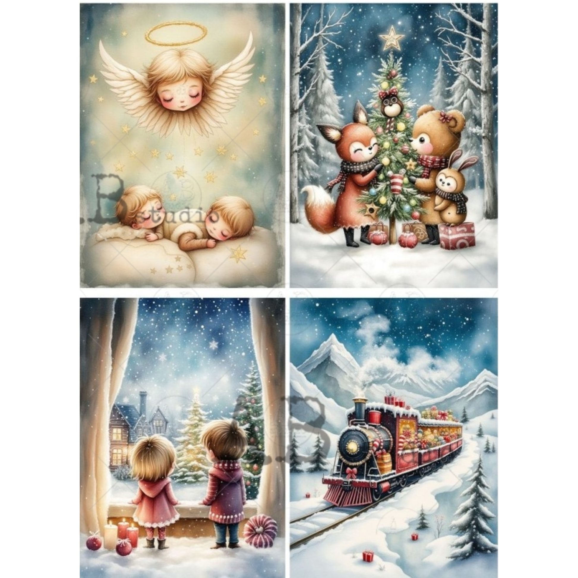 A 4-panel Christmas-themed illustration featuring a sleeping angel over children, woodland animals decorating a Christmas tree, children looking out a window at a snowy village, and a red steam train traveling through a snowy mountain landscape.