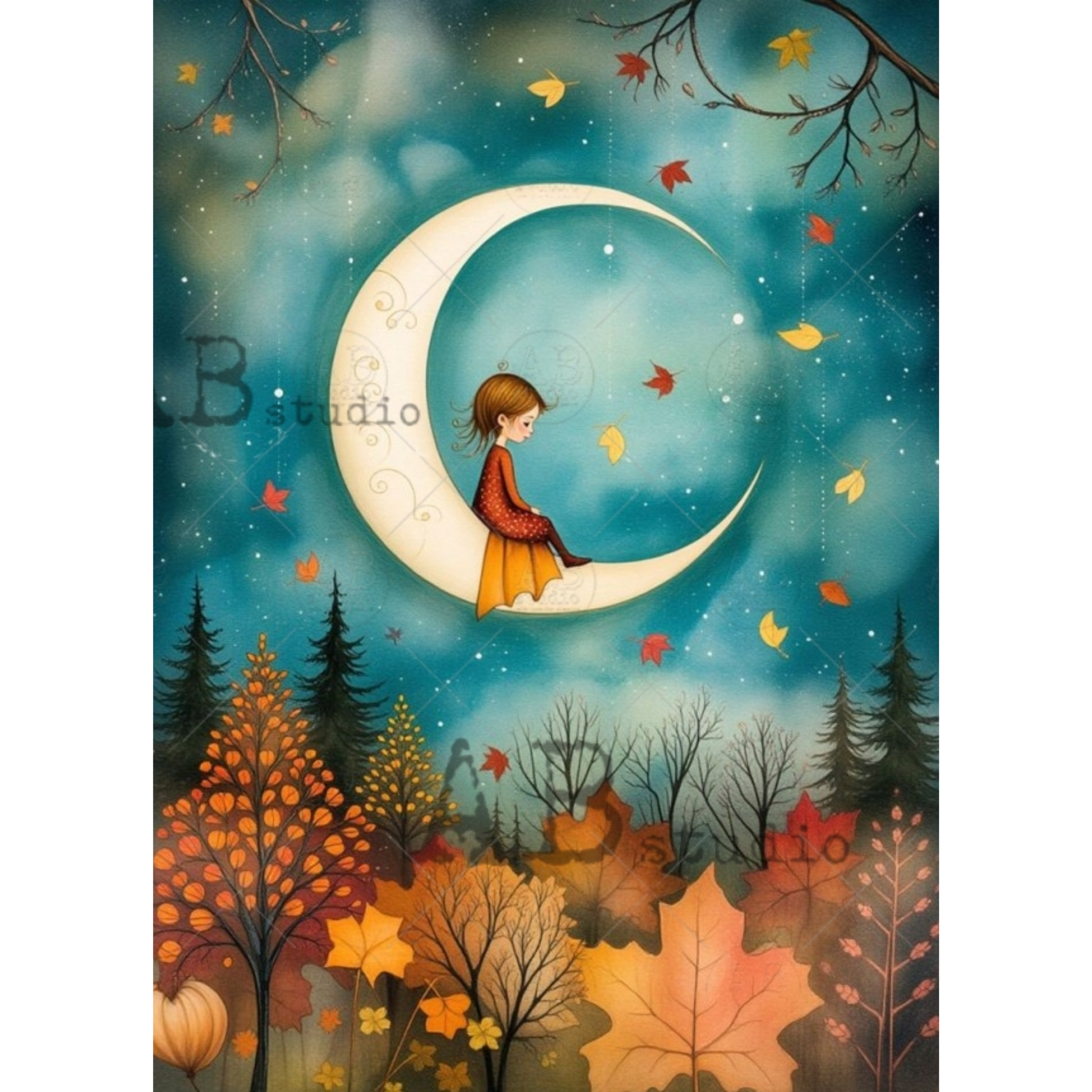 A whimsical fantasy illustration of a young girl sitting on a large crescent moon, surrounded by falling autumn leaves against a teal night sky. Below, a forest of trees in shades of orange, yellow, and brown stretches across the landscape.