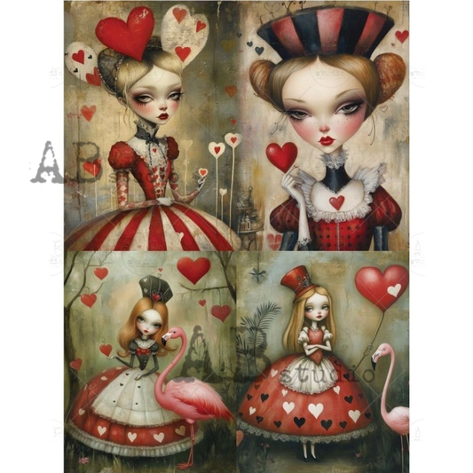 4 Illustrations of a young woman in a red and white dress with hearts, surrounded by flamingos and hearts.