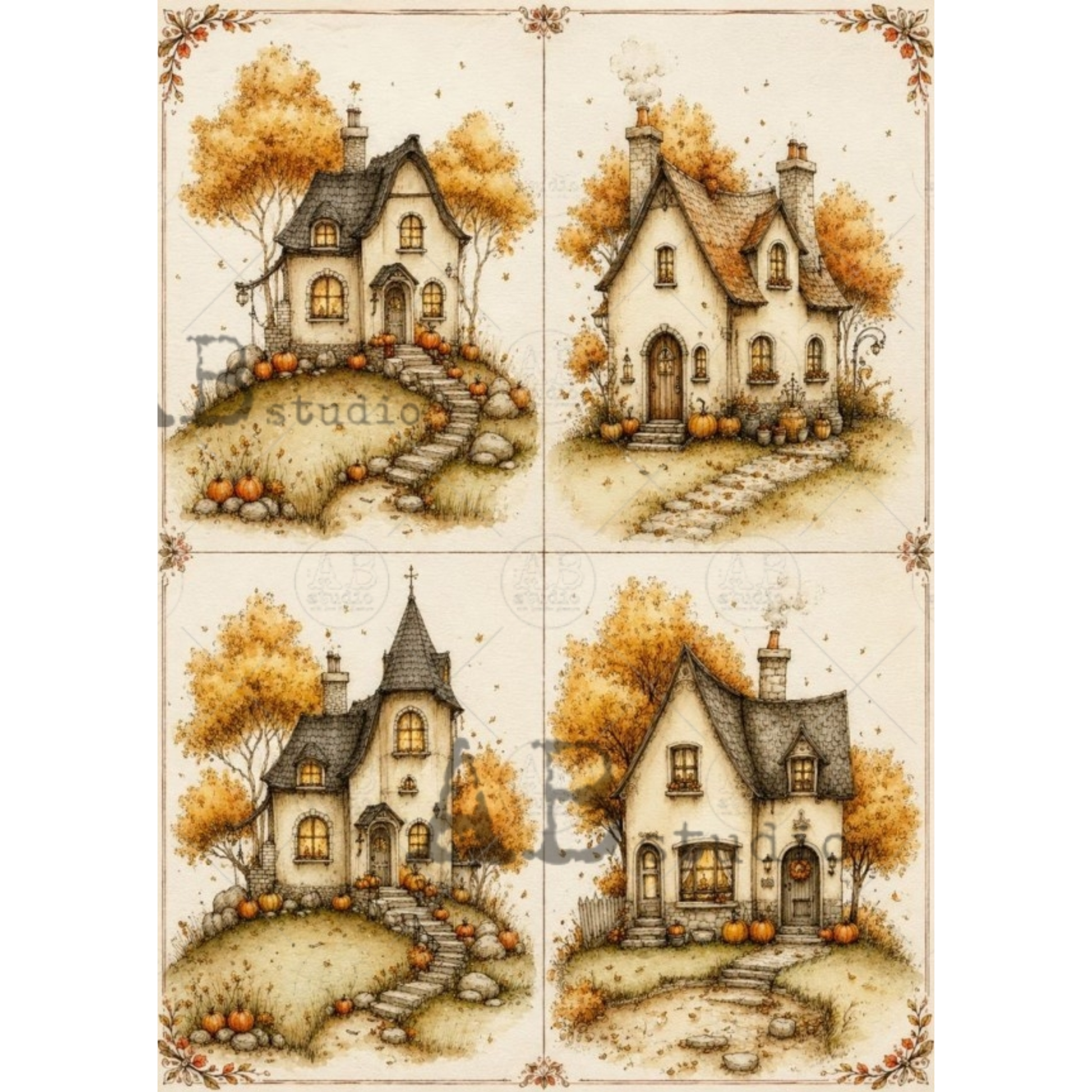 A four-panel vintage-style illustration set showing whimsical cottages with autumn trees, pumpkins, and stone paths on an off-white background.