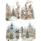 Three watercolor-style winter village scenes arranged on a white background: a snow-covered street with a decorated Christmas tree and hot air balloons, a cozy snow-dusted house with warm glowing windows, and two additional snowy town scenes with a clock tower and church spires. 