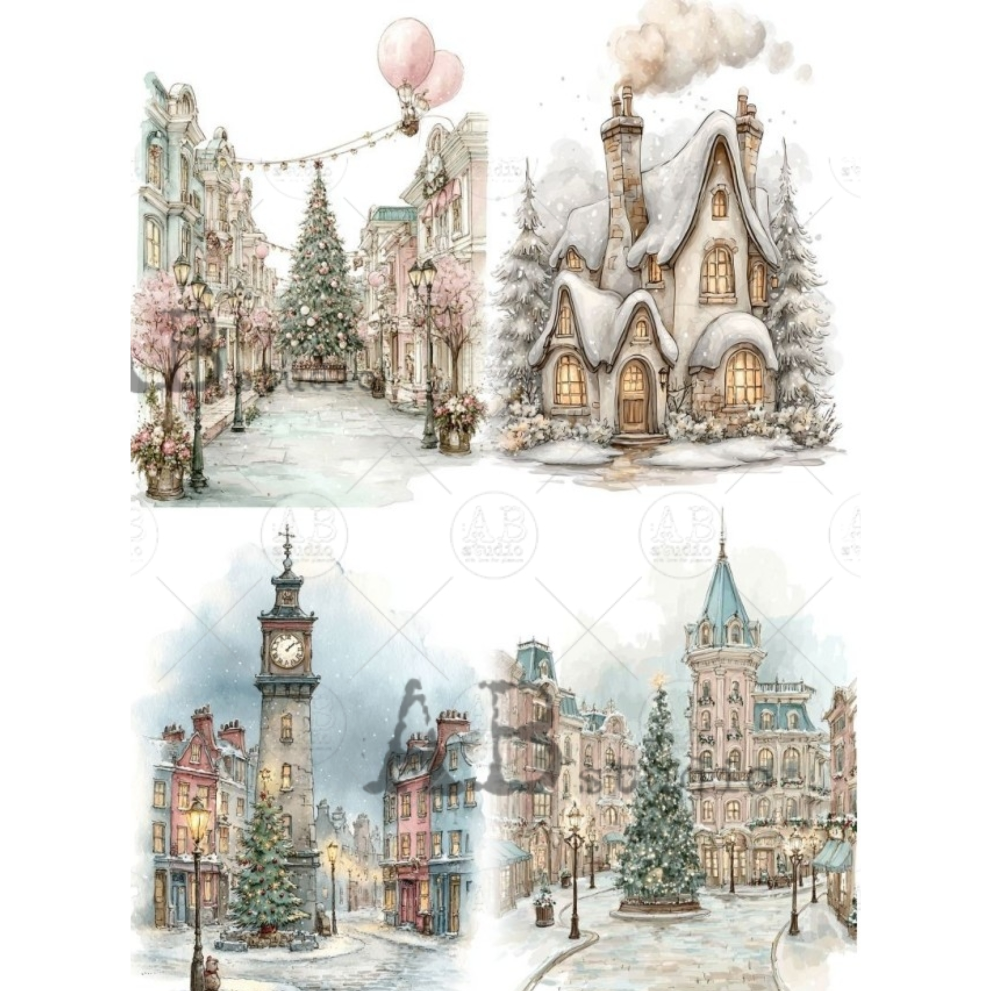 Three watercolor-style winter village scenes arranged on a white background: a snow-covered street with a decorated Christmas tree and hot air balloons, a cozy snow-dusted house with warm glowing windows, and two additional snowy town scenes with a clock tower and church spires. 