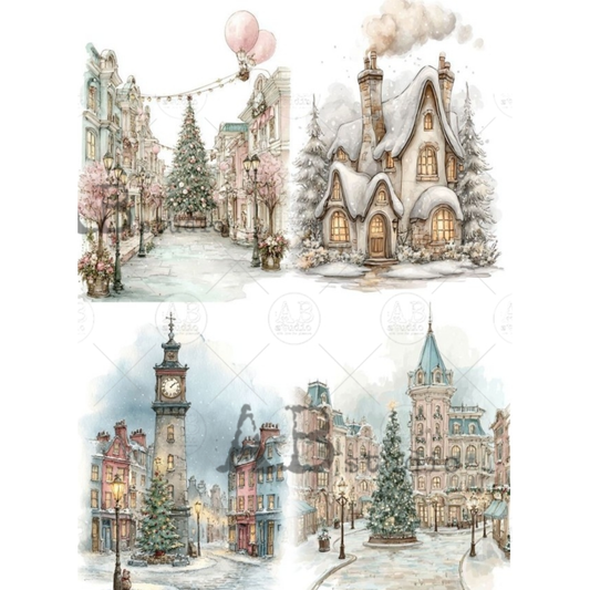 Three watercolor-style winter village scenes arranged on a white background: a snow-covered street with a decorated Christmas tree and hot air balloons, a cozy snow-dusted house with warm glowing windows, and two additional snowy town scenes with a clock tower and church spires. 