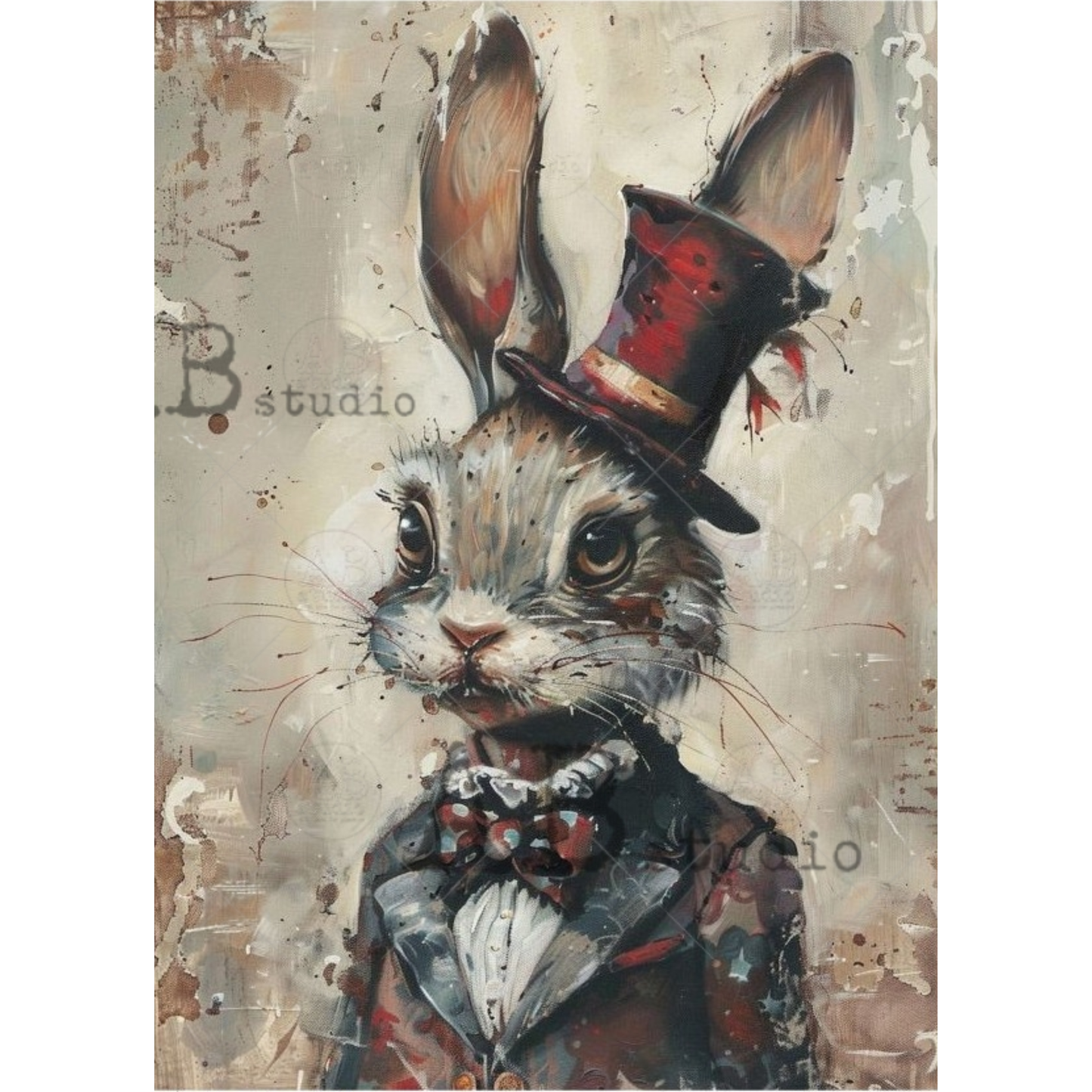 Artistic depiction of a rabbit wearing a tattered top hat and coat with a textured background.
