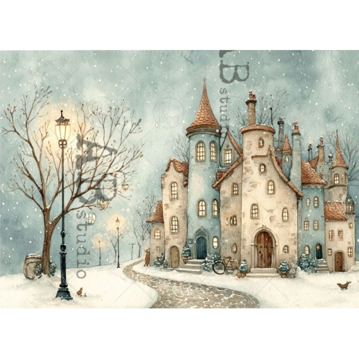 A whimsical winter village scene with pastel-colored cottages, snow-covered ground, bare trees, glowing street lamps, and falling snow. 