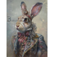 Artistic depiction of a rabbit posing for a portrait in a decorative period outfit.