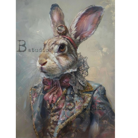 Artistic depiction of a rabbit posing for a portrait in a decorative period outfit.