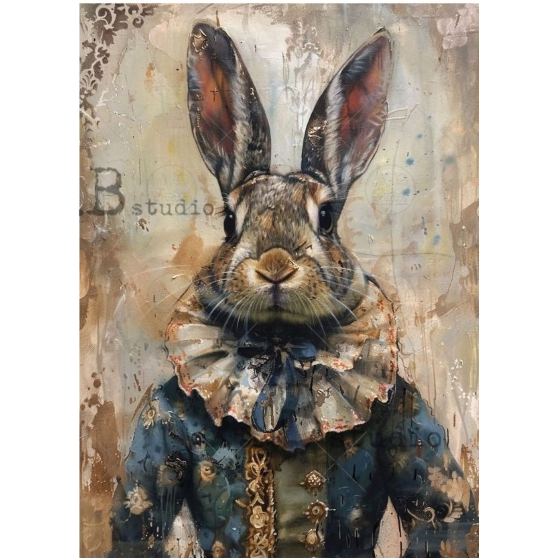 Artistic depiction of a rabbit wearing a period coat with Edwardian collar.