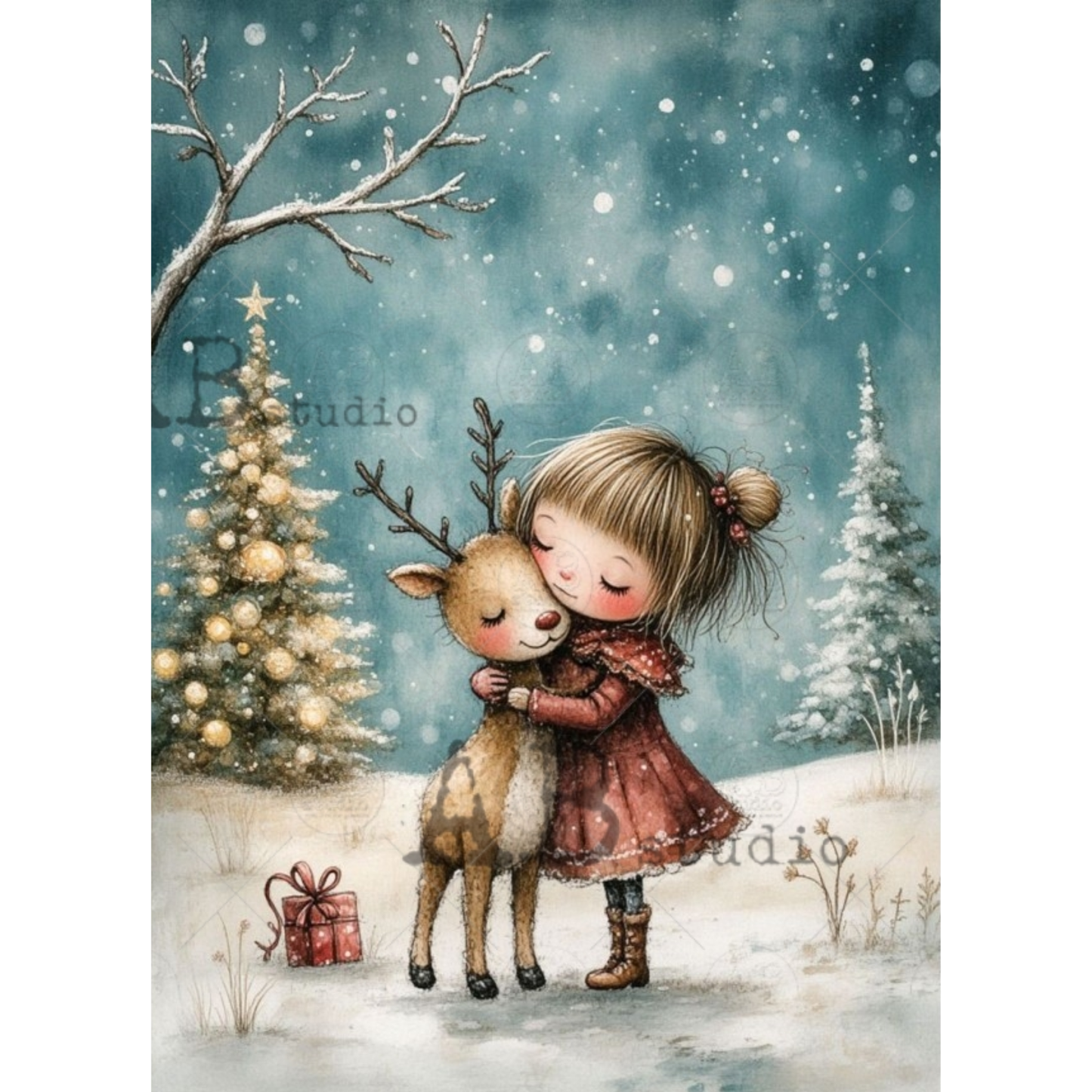 A festive illustrated scene of a young girl in a red dress hugging a small reindeer in a snowy winter landscape, with decorated Christmas trees, falling snow, and a wrapped gift on the ground.